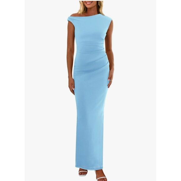 Pretty Garden Womens Formal XL One Shoulder Ruched Maxi Dress Light Blue Wedding - Picture 1 of 11